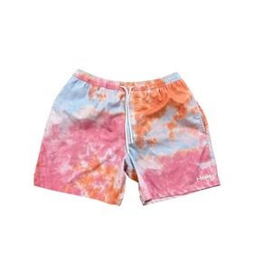 HUK Mens Tie Dye Swim Trunks Orange Pink Blue Drawstring Pockets Size m